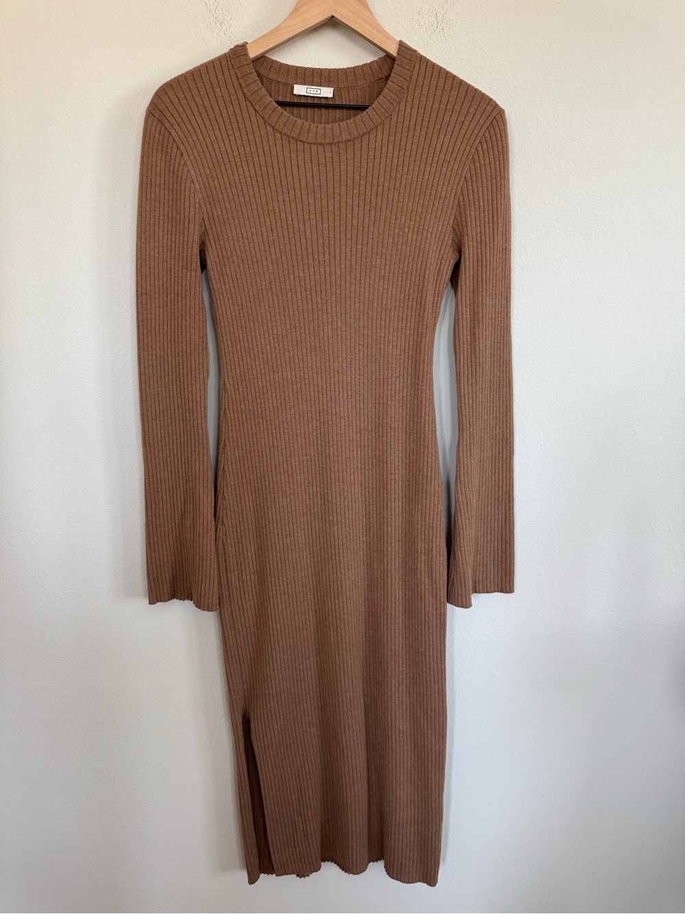AYR The Crowd Pleaser Ribbed Merino Wool Blend Midi Dress Camel Brown Large